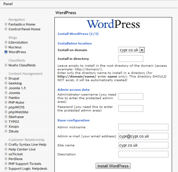 Using Fantastico to install WordPress